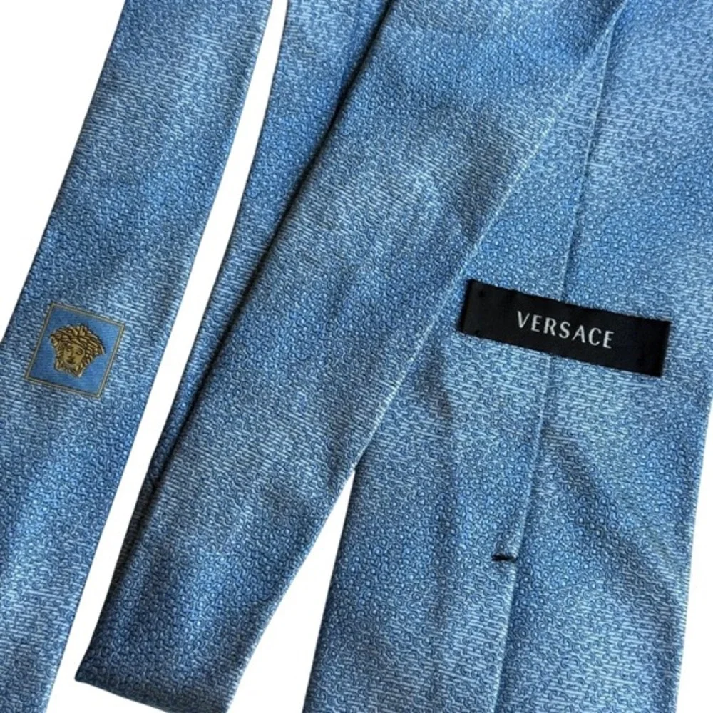 Vintage Versace Light Blue Silk Medusa Logo Textured Jacquard Tie Made in Italy